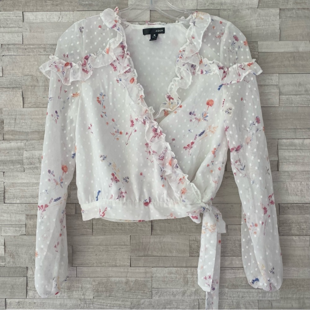 Aqua Swiss Dot Floral Wrap Sheer Sleeve Top